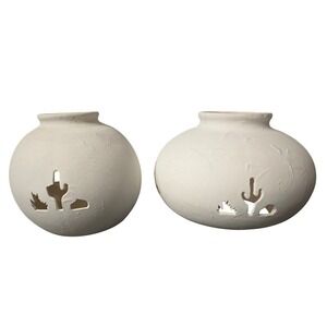 Pair of Southwestern Pottery Candle Holders with Cutout Desert Design